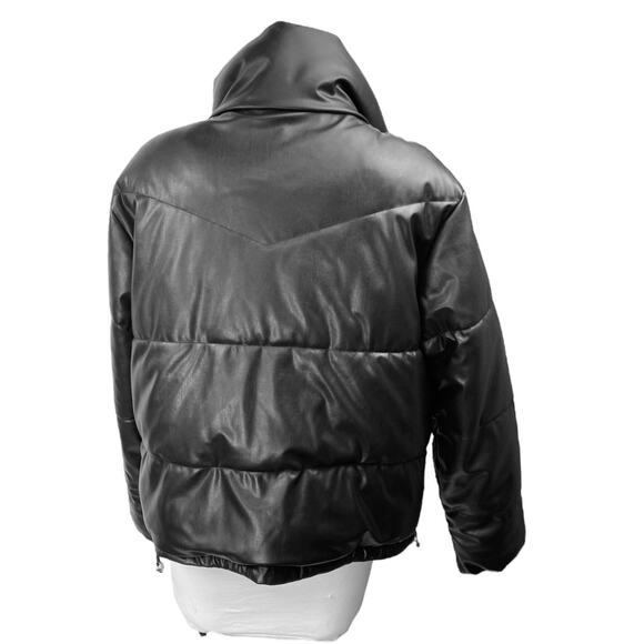 H&M Divided Black Faux Vegan Leather Full Zip Long Sleeve Puffer Coat Jacket S - Picture 2 of 4